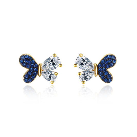 Butterfly Stud Earrings With Dark Blue Sparkle Zirconia 925 Sterling Silver 14k Gold Plated- Magic Jewellers