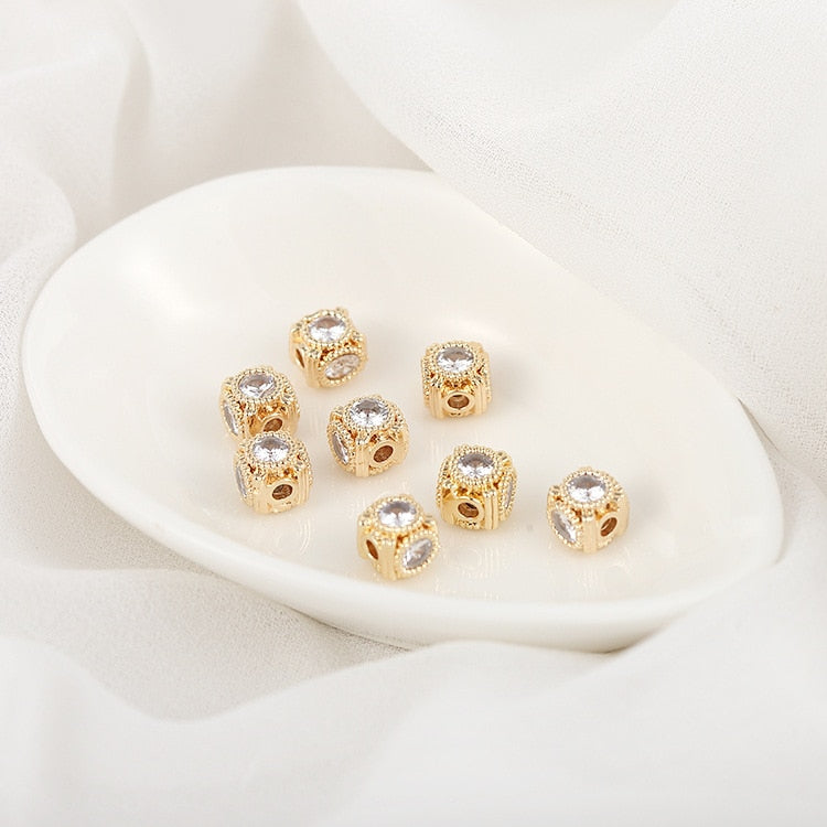 Micro Pave Spacer Beads Cubic Zirconia Spacer Beads 14K Gold Plated 6*6mm  (4pcs)
