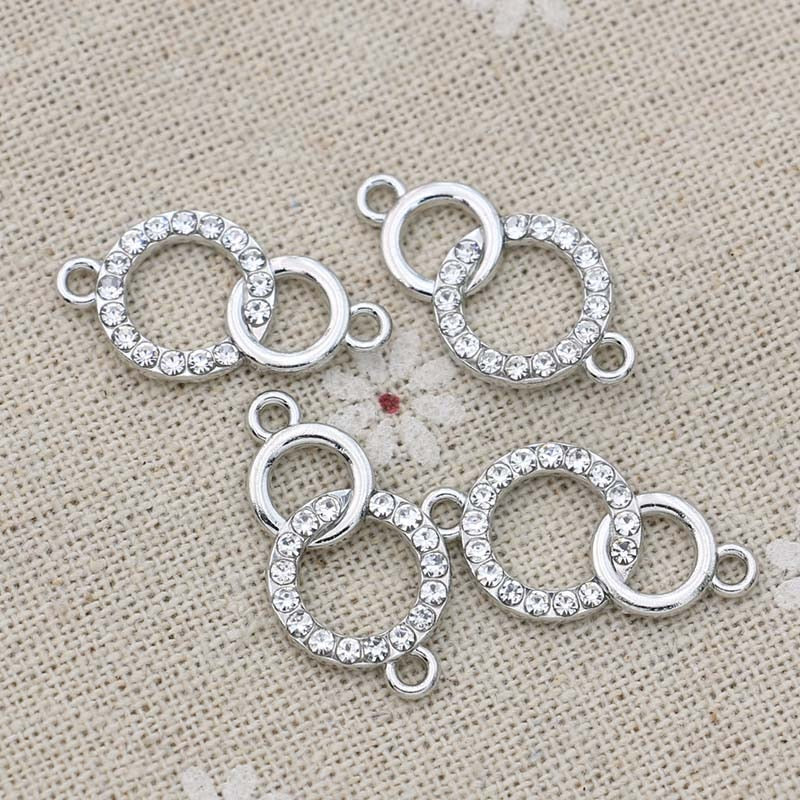 Double Circle Crystal Charm Connector Silver Plated DIY Findings 24x13mm (5Pcs)