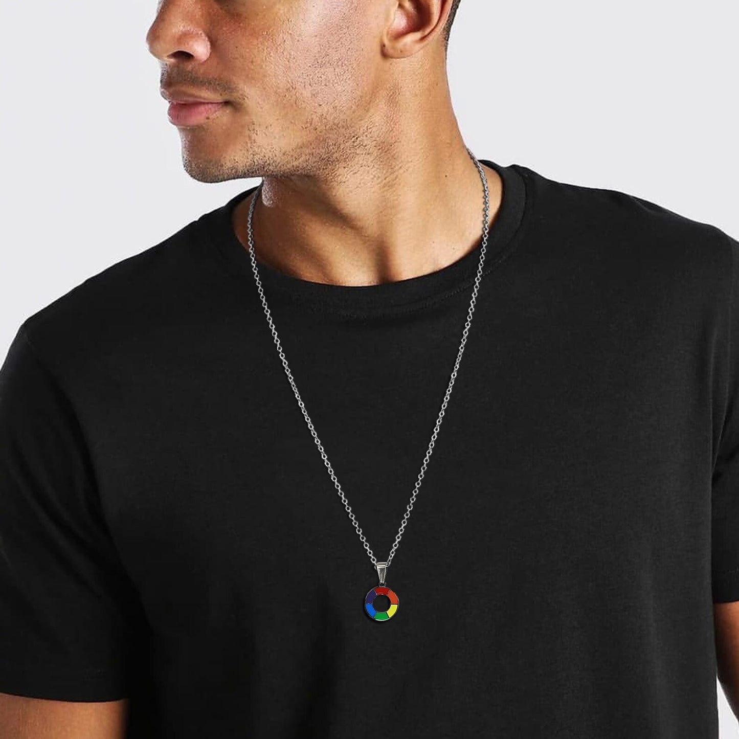 LGBTQ+ Pride Rainbow Circle Pendant Necklace Stainless Steel  24"