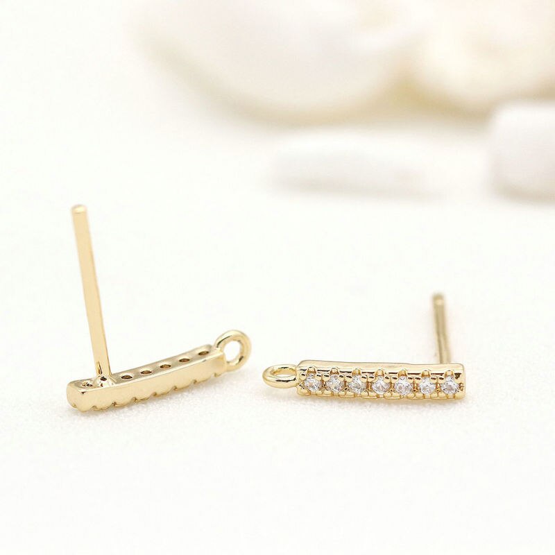 Bar Stud Earrings Findings Connector With Loop +AAA Zirconia 14k Gold Plated 10mm (4-6 pcs)