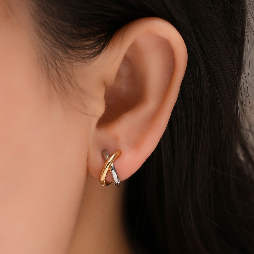 Mixed Metal Criss-Cross Earrings Two Tone Hoops Earrings Gold Plated - Magic Jewellers 