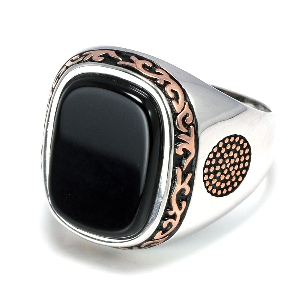 Men's Signet Square Ring Natural Black Agate Ring  925 Sterling Silver Size 7-13 -Magic Jewellers