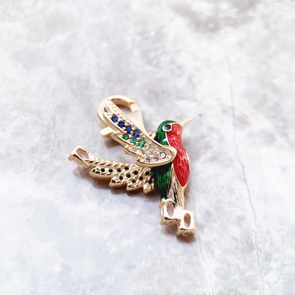 Hummingbird Charm Pendant 925 Silver Gold Plated  With Colorful AAA Zirconia