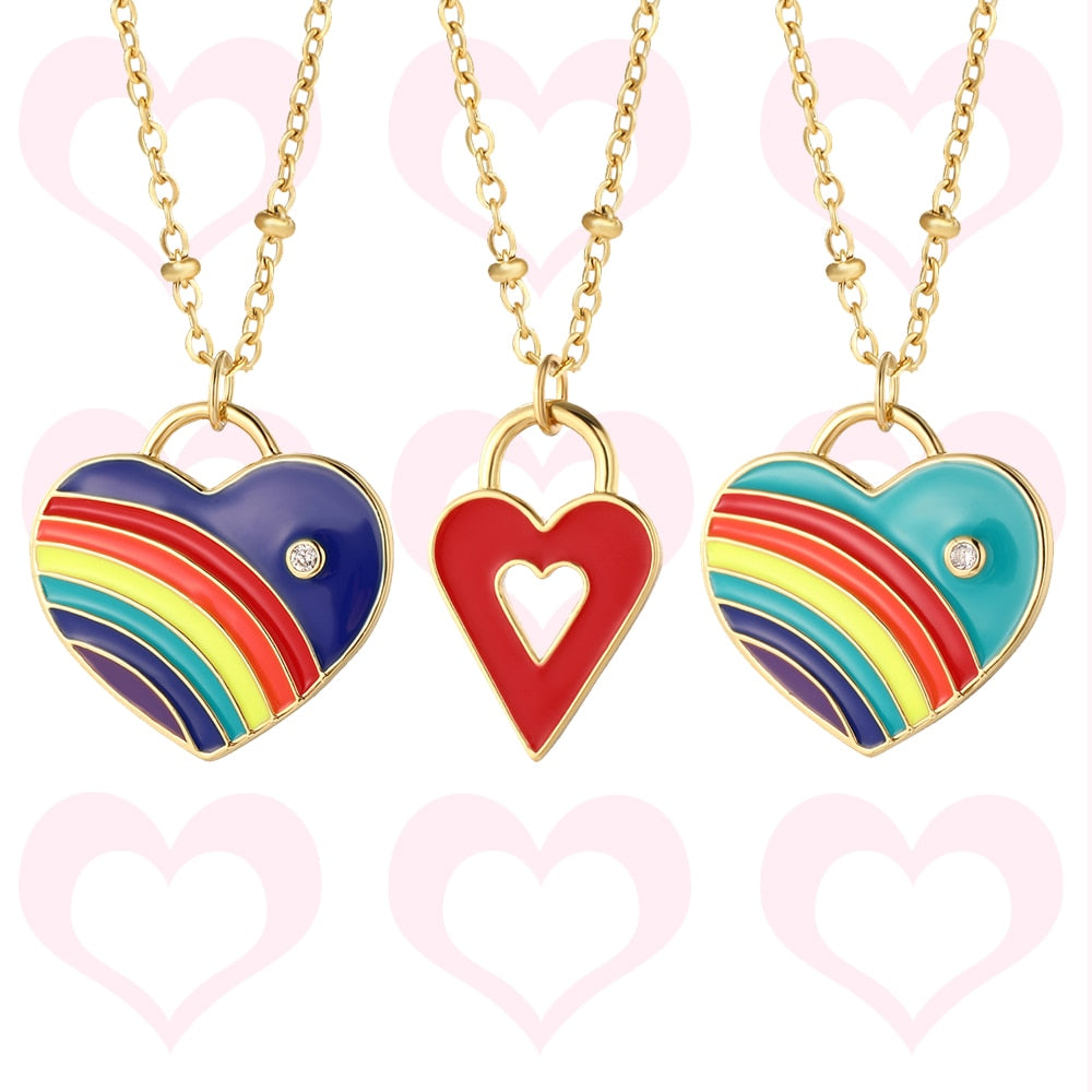 LGBTQ+ Pride Heart Rainbow Pendant Necklace Chain Stainless Steel 44cm