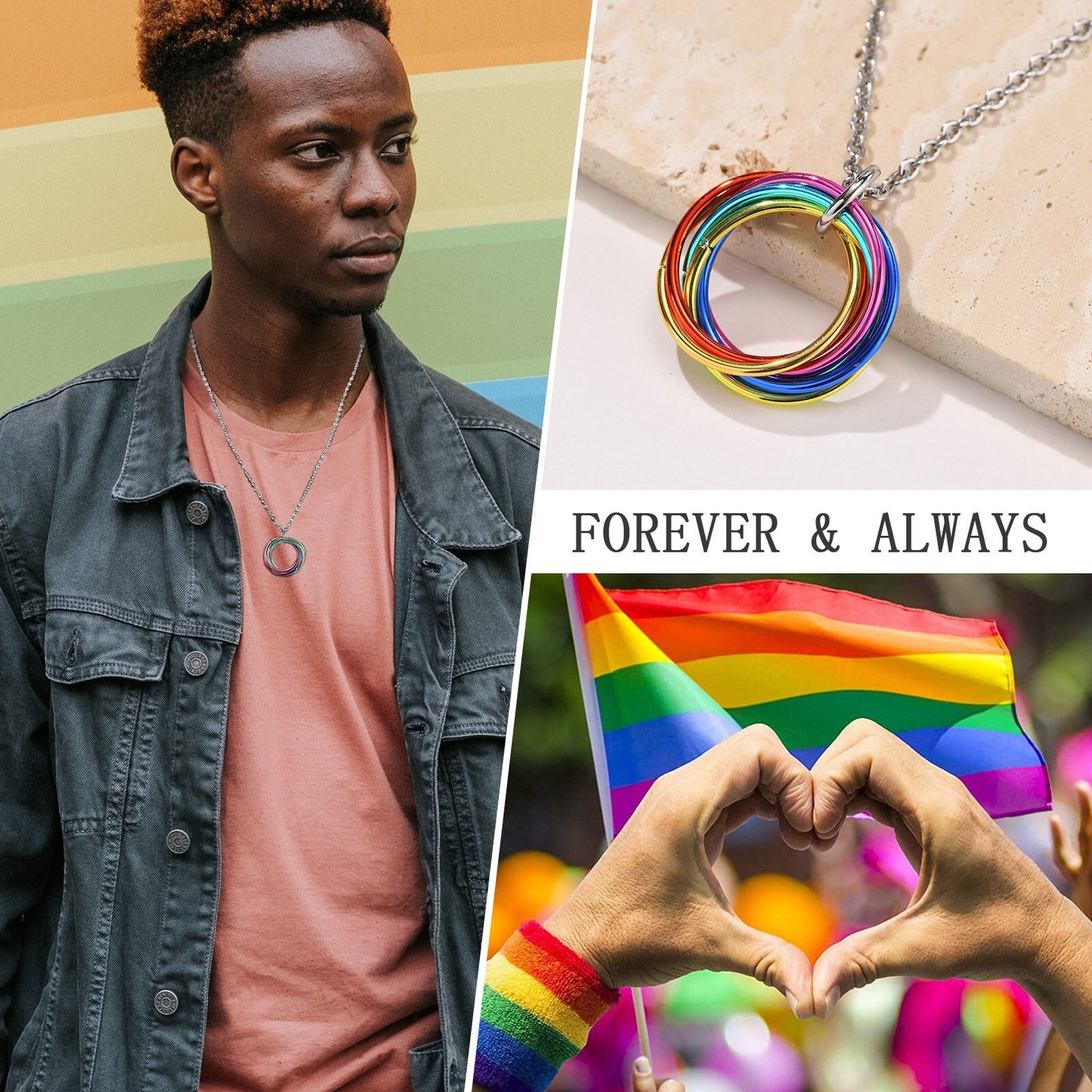 LGBTQ+ Pride Rainbow Circle Pendant Necklace Stainless Steel 50-60cm