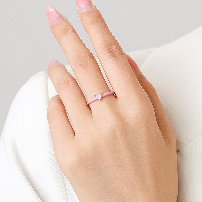 Pink Enamel Ring Heart Opal Ring 925 Sterling Silver- Magic Jewellers 