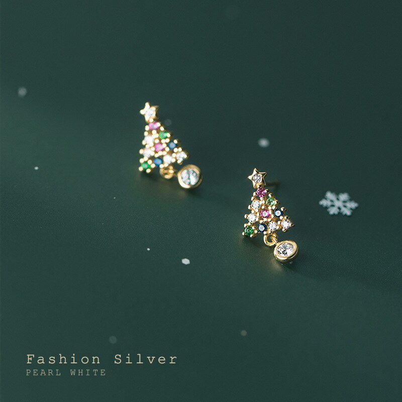 Christmas Stud Earrings Christmas Tree Shiny CZ  925 Sterling Silver