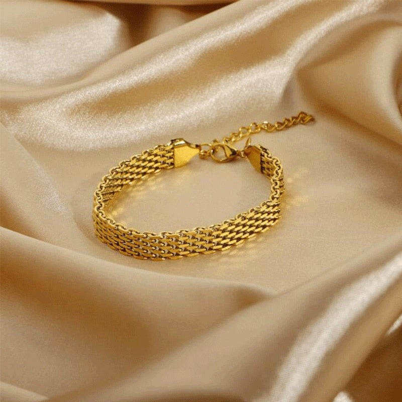 Gold Link Chain Bracelet Mesh Bracelet Stainless Steel 18K Gold Plated