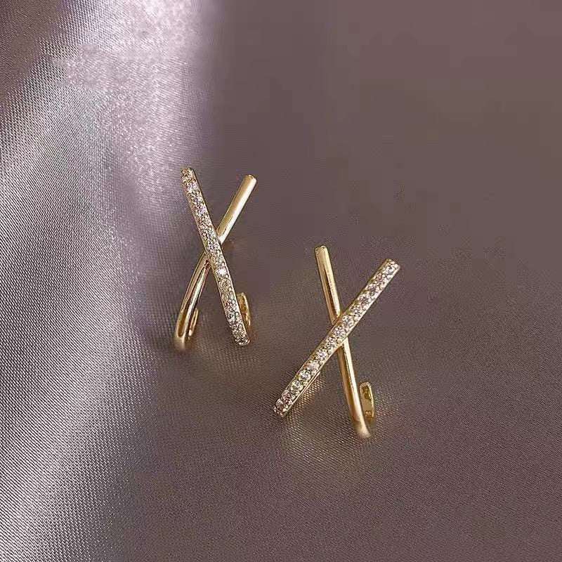 Criss Cross Stud Earrings / X Stud Earrings 14K Gold Plated AAA Zirconia At Magic Jewellers