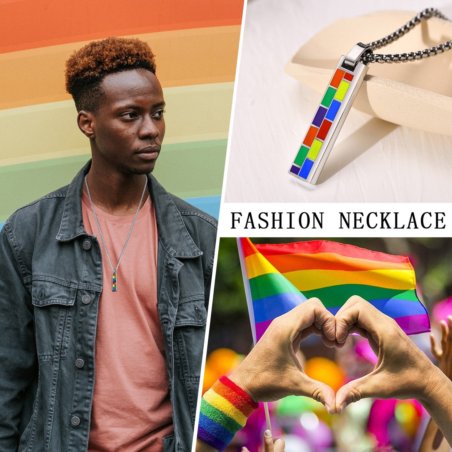 LGBTQ+ Pride Rainbow Bar Pendant Necklace Stainless Steel 45cm/50cm/55cm/60cm/70cm