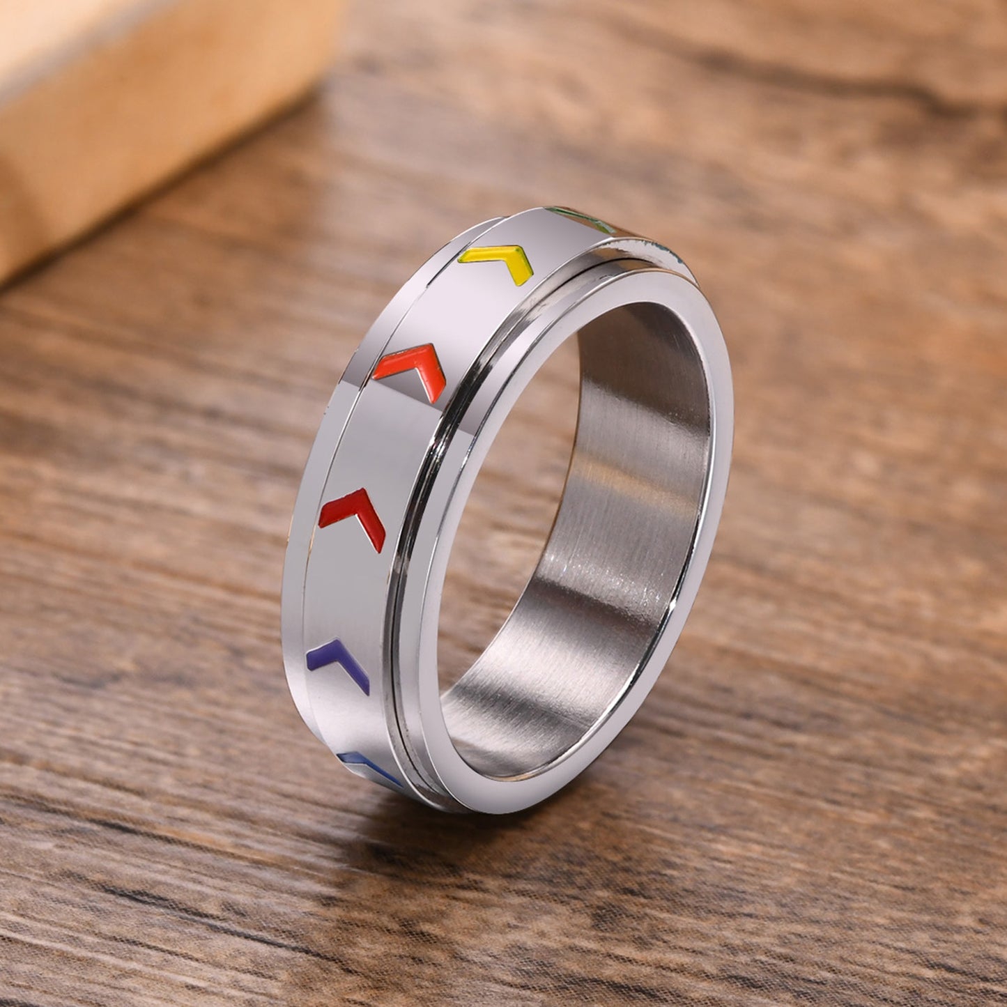 LGBTQ+ Pride Rainbow Rotating Spinner Ring Stainless Steel Enamel  (US size: 6 7 8 9 10 11 12)