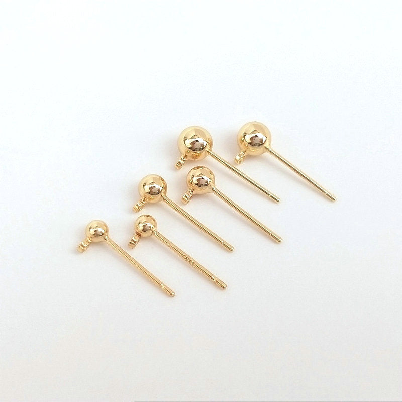 Ball Post Stud Earrings Findings Connector  With Loop 14K Gold Plated 3mm, 4mm  (10pcs)