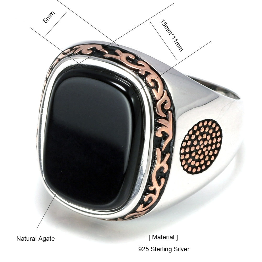 Men's Signet Square Ring Natural Black Agate Ring  925 Sterling Silver Size 7-13 -Magic Jewellers