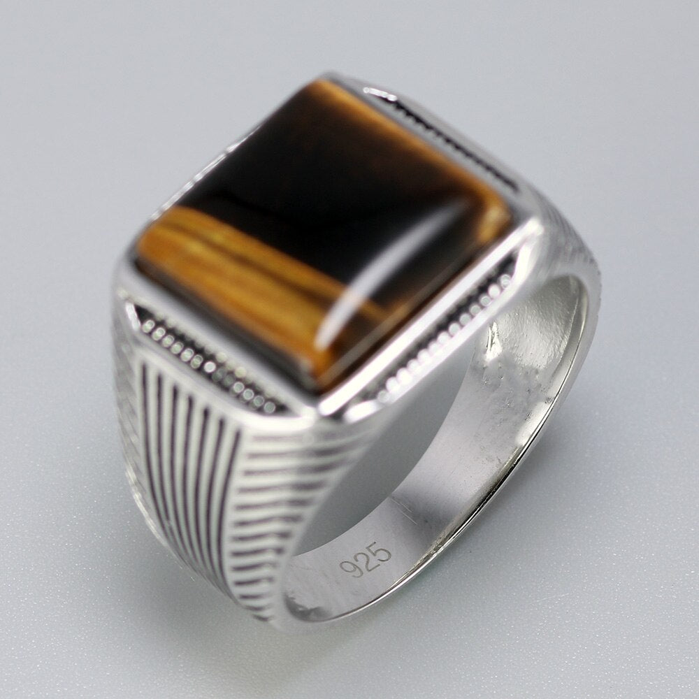 Men's Signet Square Ring, Tiger Eyes Signet Ring 925 Sterling Silver Size 7-13