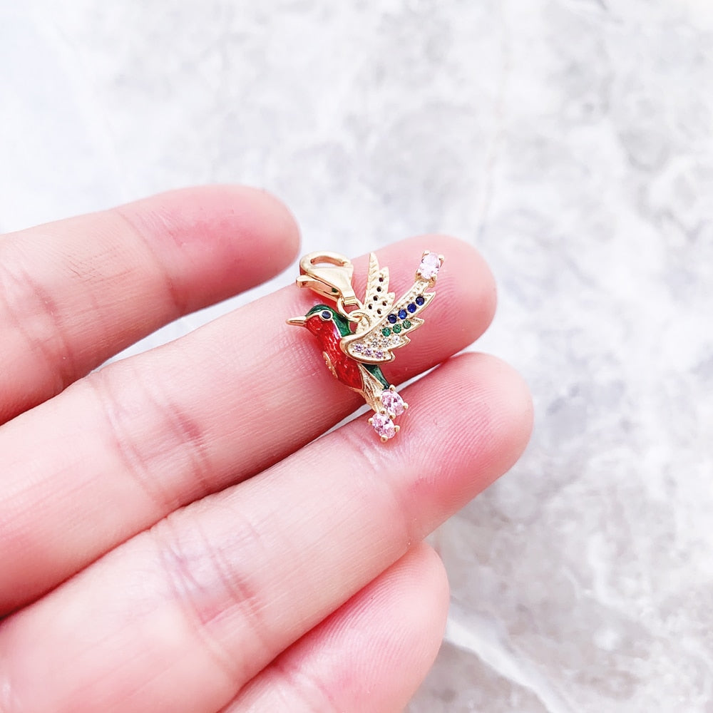 Hummingbird Charm Pendant 925 Silver Gold Plated  With Colorful AAA Zirconia