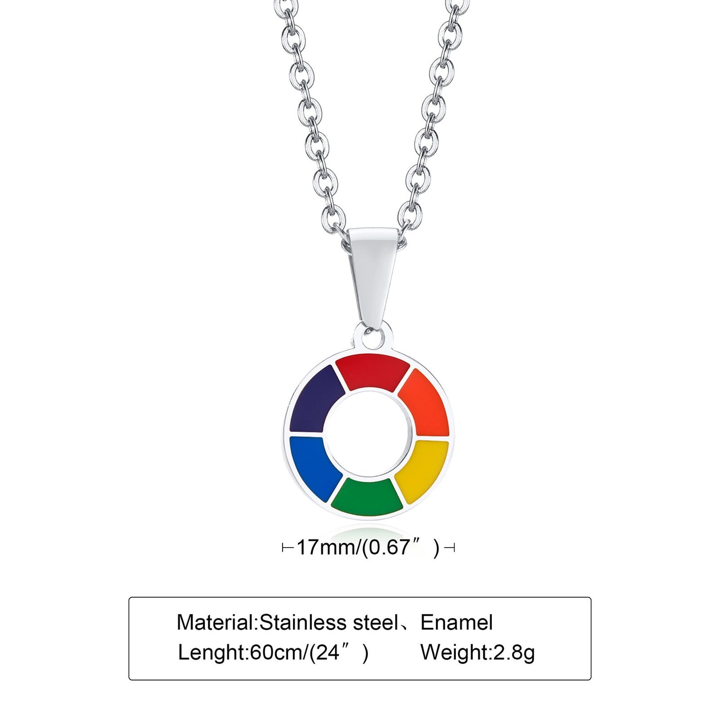 LGBTQ+ Pride Rainbow Circle Pendant Necklace Stainless Steel  24"
