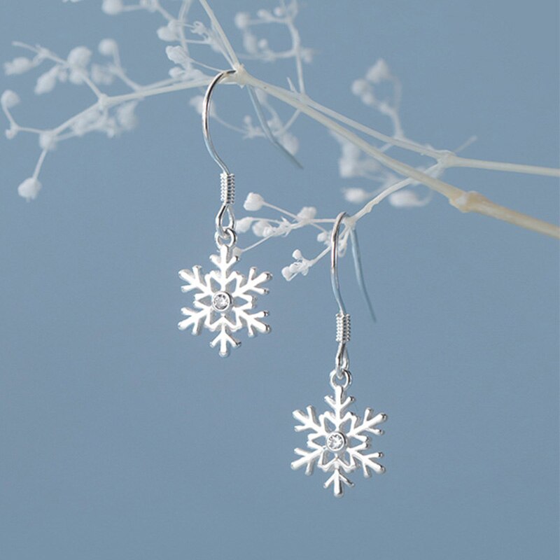 Christmas Drop Dangle Earrings Winter Snowflakes Charm  925 Sterling Silver