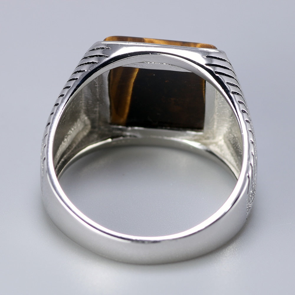 Men's Signet Square Ring, Tiger Eyes Signet Ring 925 Sterling Silver Size 7-13