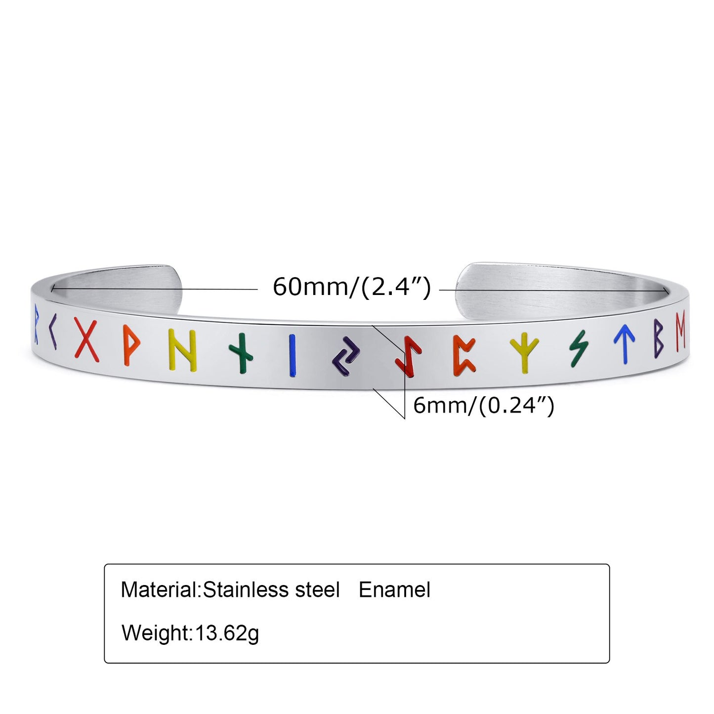 LGBTQ+ Pride Rainbow Viking Rune Bangle Bracelets Stainless Steel Width: 6mm (60mm)