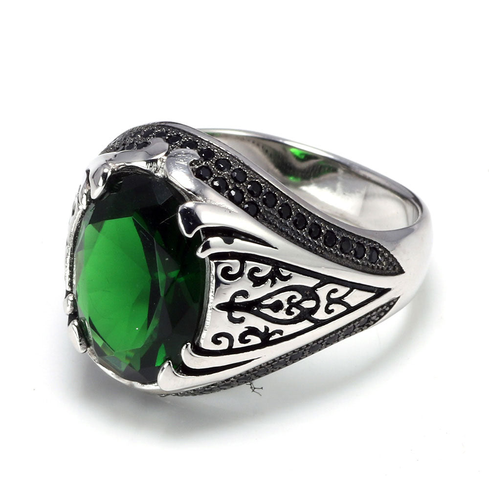Men's Signet Ring Turkish Style With Black Halo Zircon Stone Retro (Green, Red Wine, Red)  Magic Jewellers 