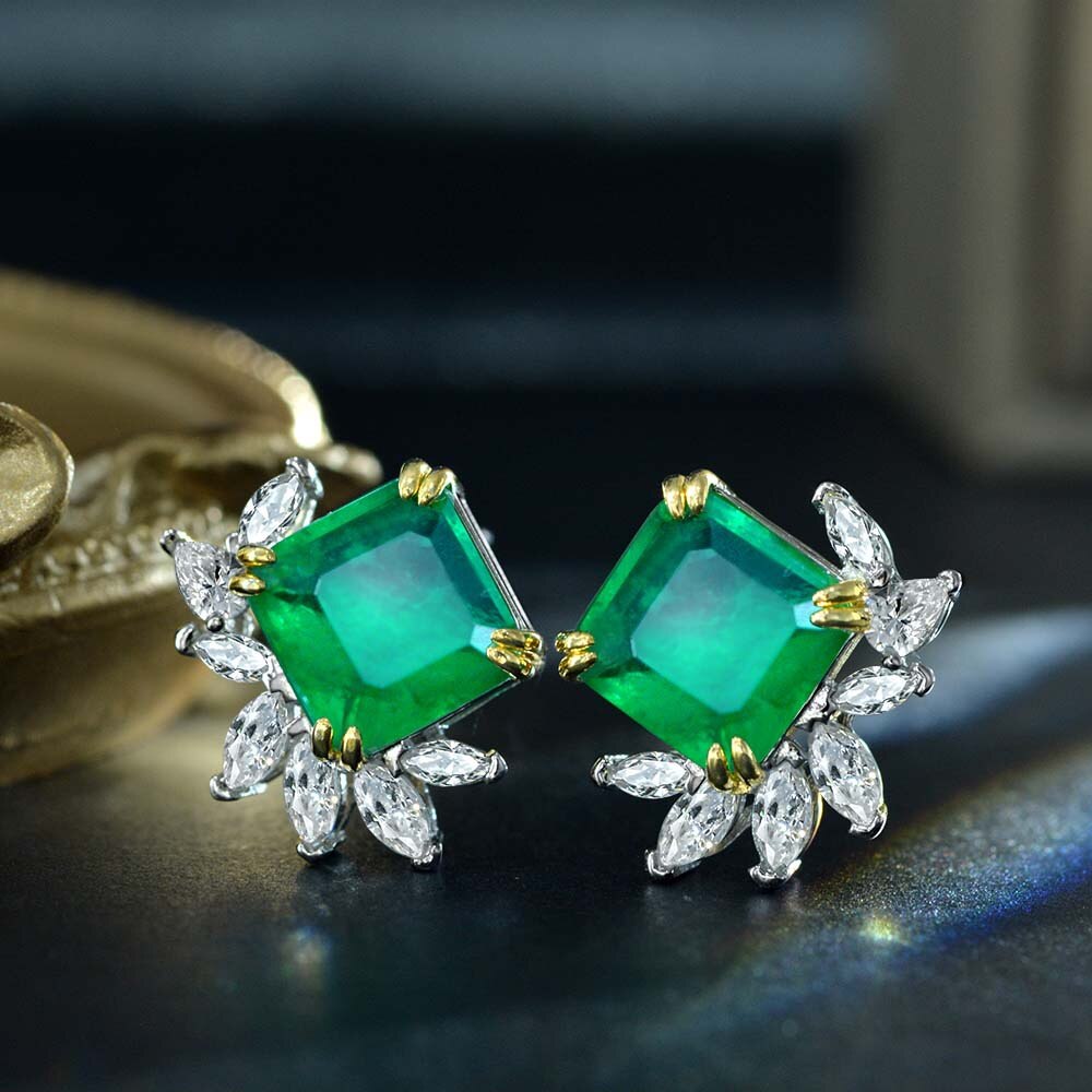 Stud Earrings 5 Carat Zircon Emerald 925 Sterling Silver - Magic Jewellers 