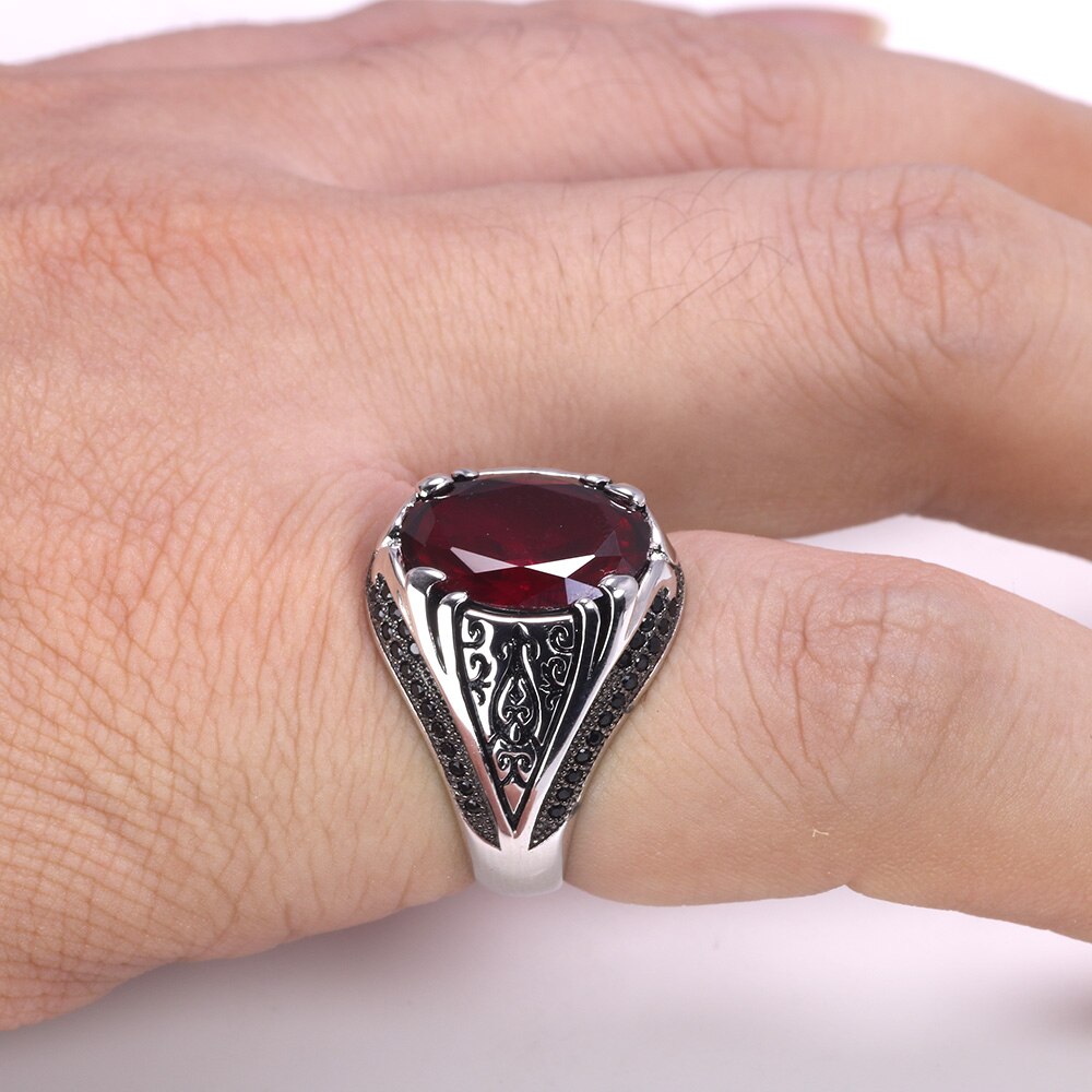 Men's Signet Ring Turkish Style With Black Halo Zircon Stone Retro (Green, Red Wine, Red)  Magic Jewellers 