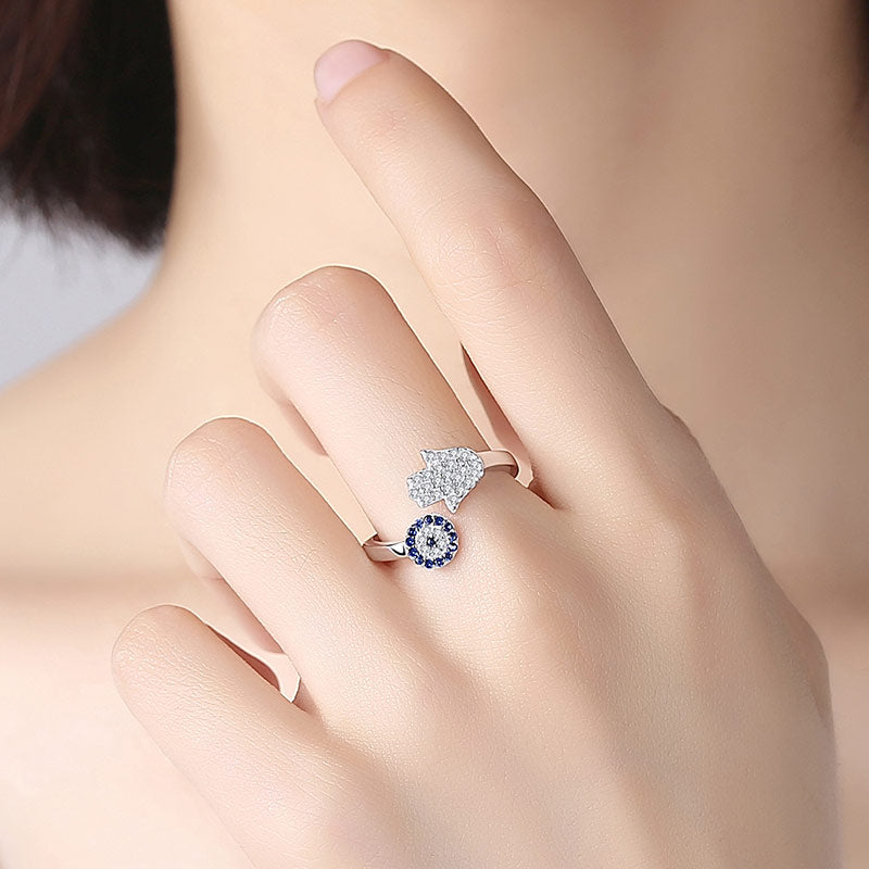 Evil Eye Blessing Ring Adjustable Hamsa Hand Fatima Rings 925 Sterling Silver Silver/Gold Plated - Magic Jewellers 
