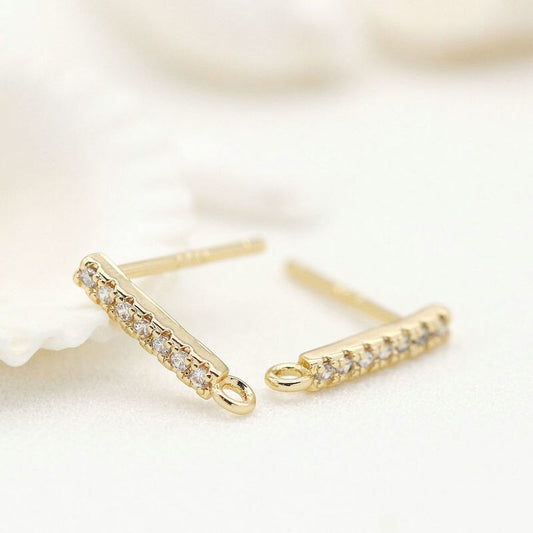 Bar Stud Earrings Findings Connector With Loop +AAA Zirconia 14k Gold Plated 10mm (4-6 pcs)