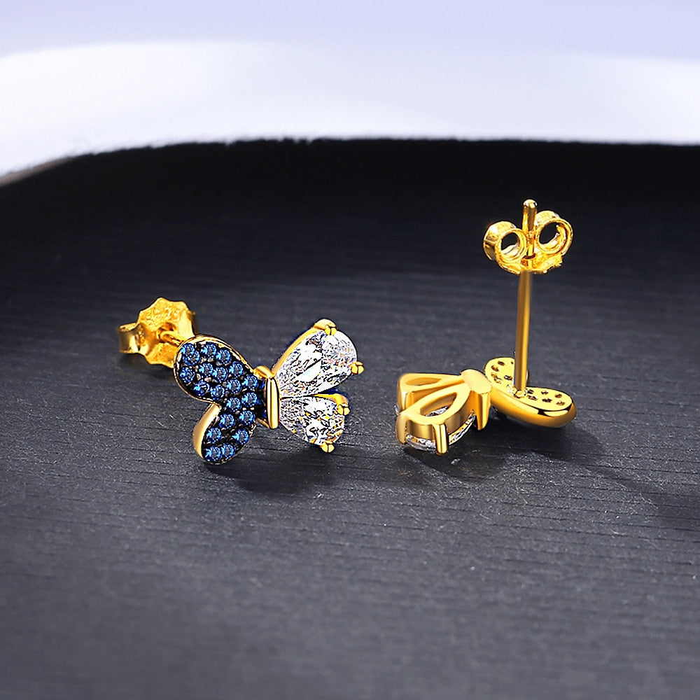 Butterfly Stud Earrings With Dark Blue Sparkle Zirconia 925 Sterling Silver 14k Gold Plated