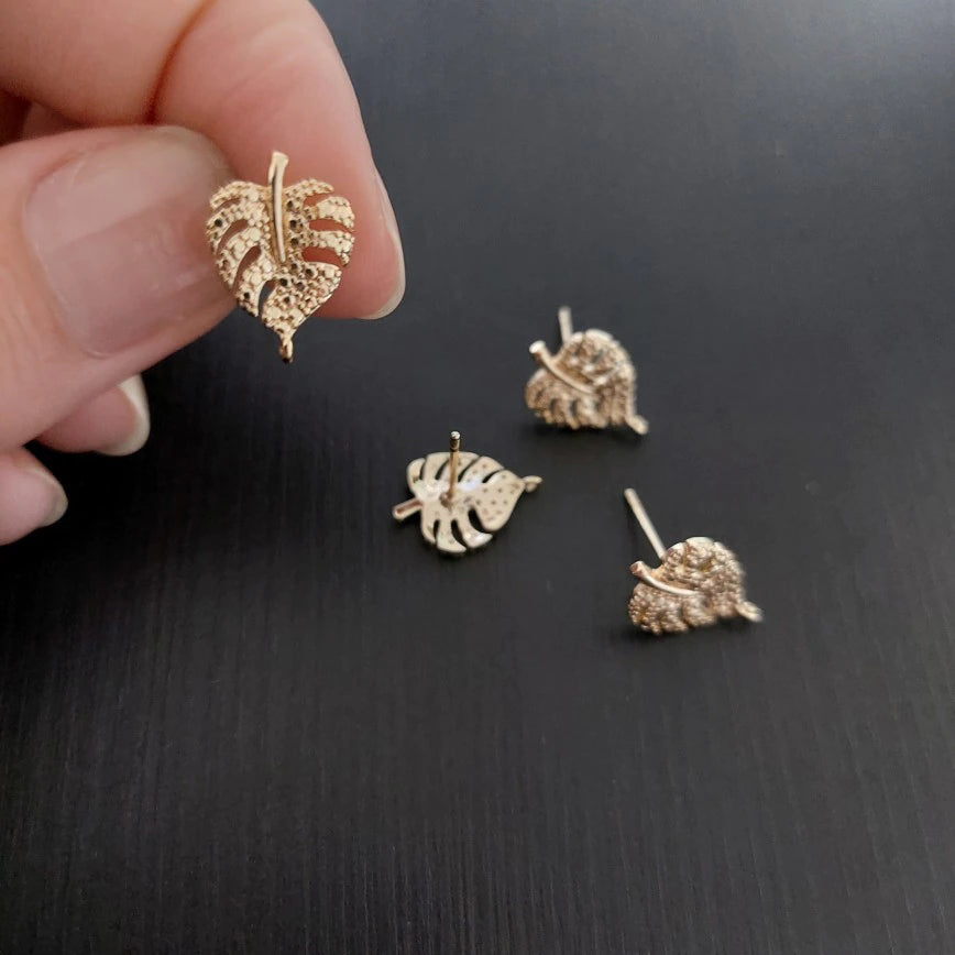 Tree Leaf Leaves Stud Earrings Findings Connector With Loop 14K Gold Plated (4-6 pcs)