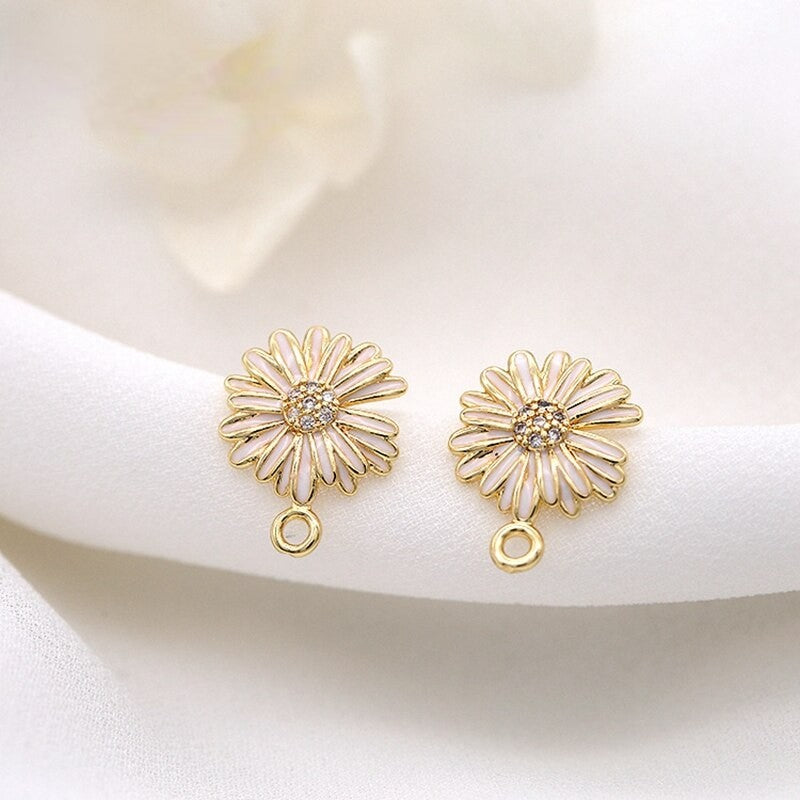 Stud Earrings Findings With Loop Enamel Flower 14K Gold Plated 12mm  (1pair, 2 pairs)