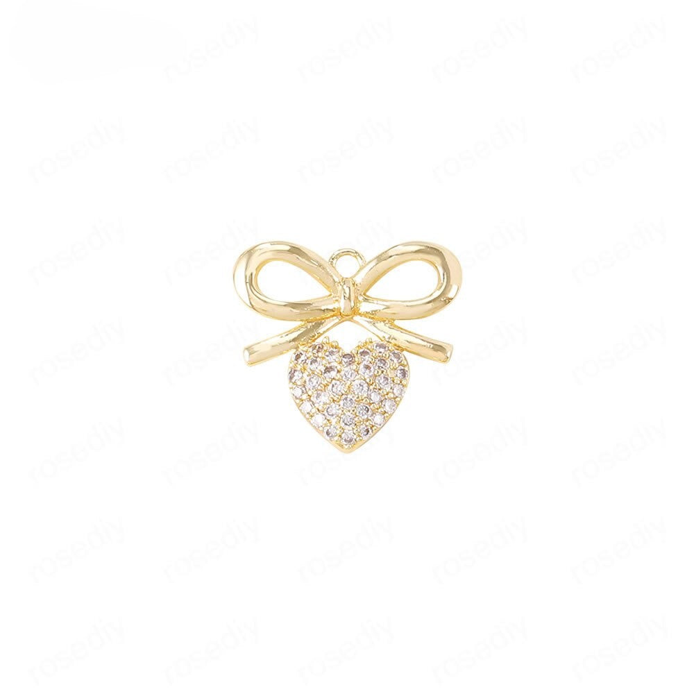 Bow Heart Earrings Pendants Charms Findings Connectors 24k Gold Plated 14*13mm (4pcs)