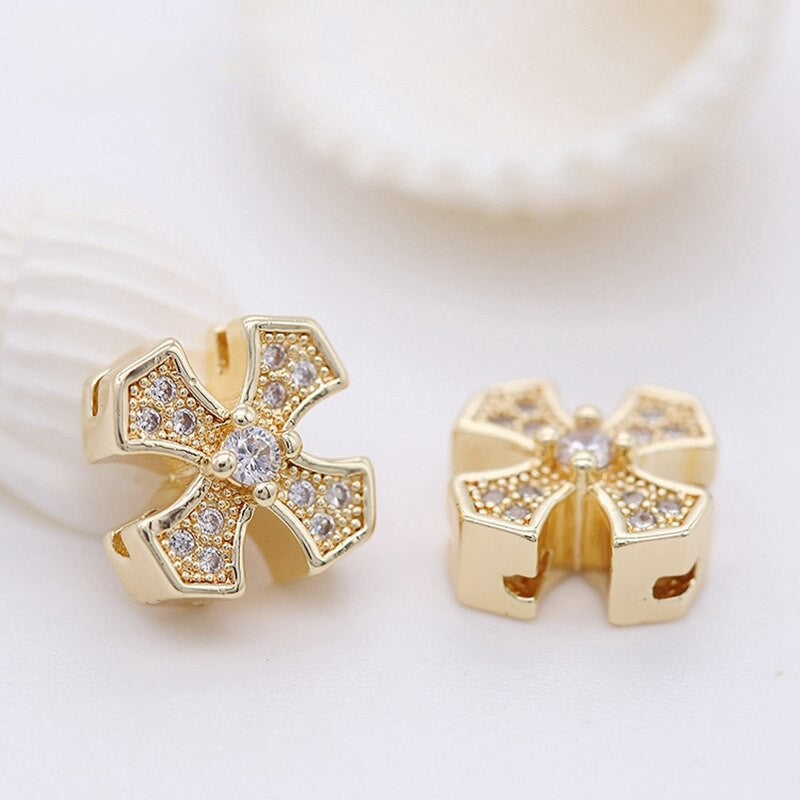 Double Hole Cross Bead Spacer With AAA Zirconia 14K Gold Plated (1pc,2pcs,3pcs,4pcs)