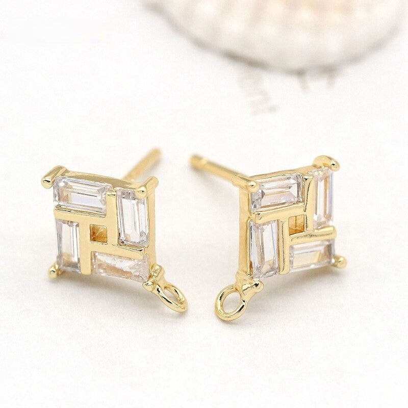 Stud Earrings Findings Connector With AAA Cubic Zirconia 14K Gold Plated  (1 pair, 2 pairs)