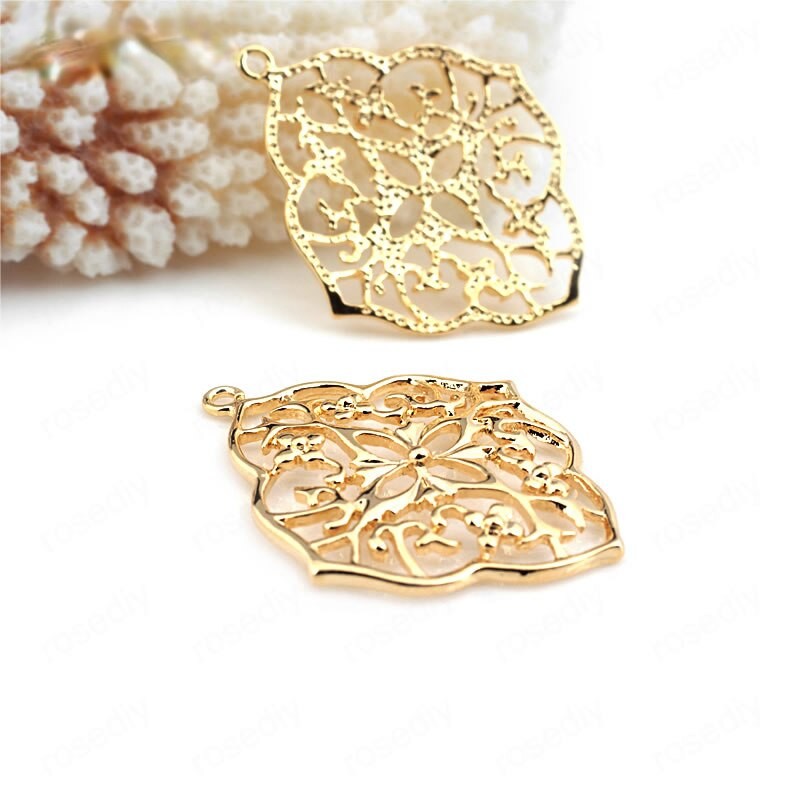 Flower Filigree Charms Connectors Pendant 33*26mm 24K Gold Plated (6pcs)