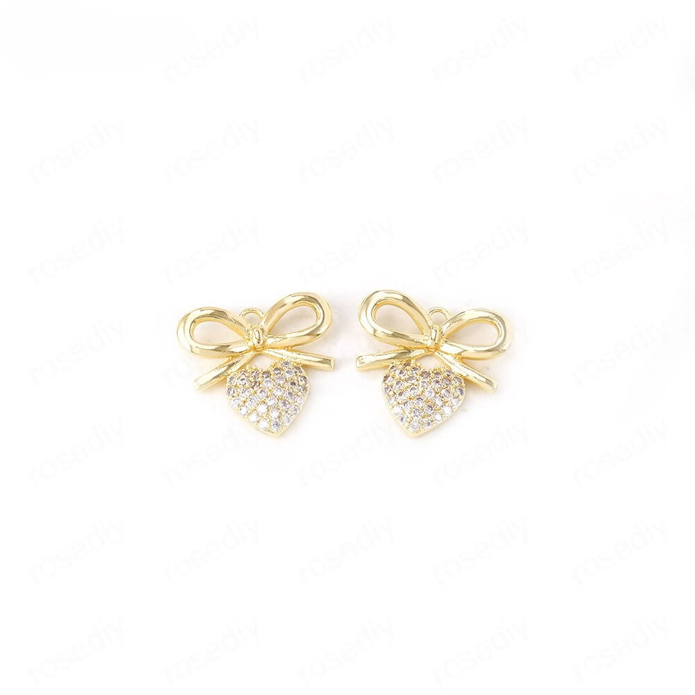 Bow Heart Earrings Pendants Charms Findings Connectors 24k Gold Plated 14*13mm (4pcs)