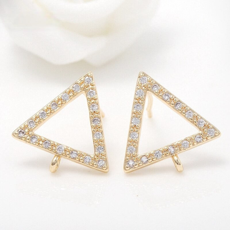 Triangle Stud Earrings Findings Connector AAA Zirconia 14k Gold Plated (1pair)