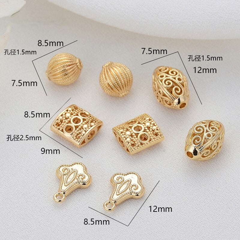 Spacer Beads Round Oval Square  Hollow Gold Plated 12mm  (4pcs, 6pcs, 8pcs)