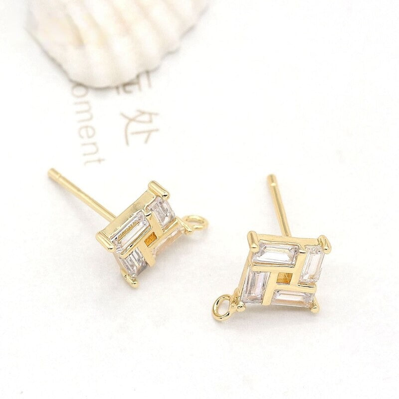 Stud Earrings Findings Connector With AAA Cubic Zirconia 14K Gold Plated  (1 pair, 2 pairs)