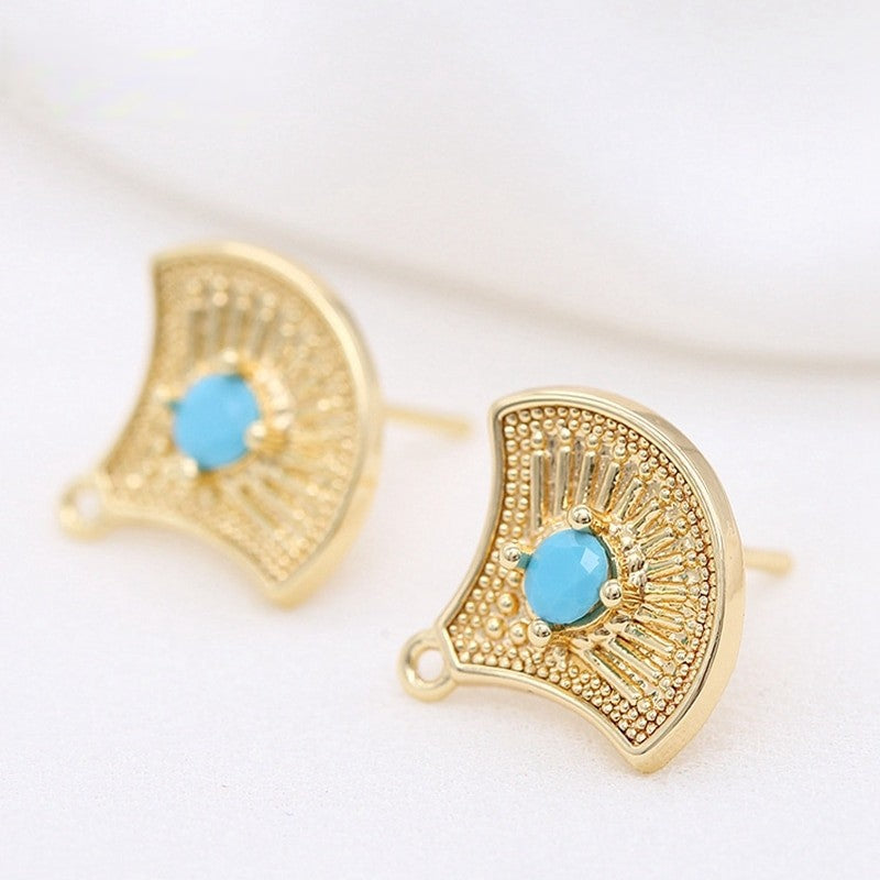 Stud Earrings Findings Fan-shaped With Turquoise Zirconia 14K Gold Plated  (1pair , 2 pairs )