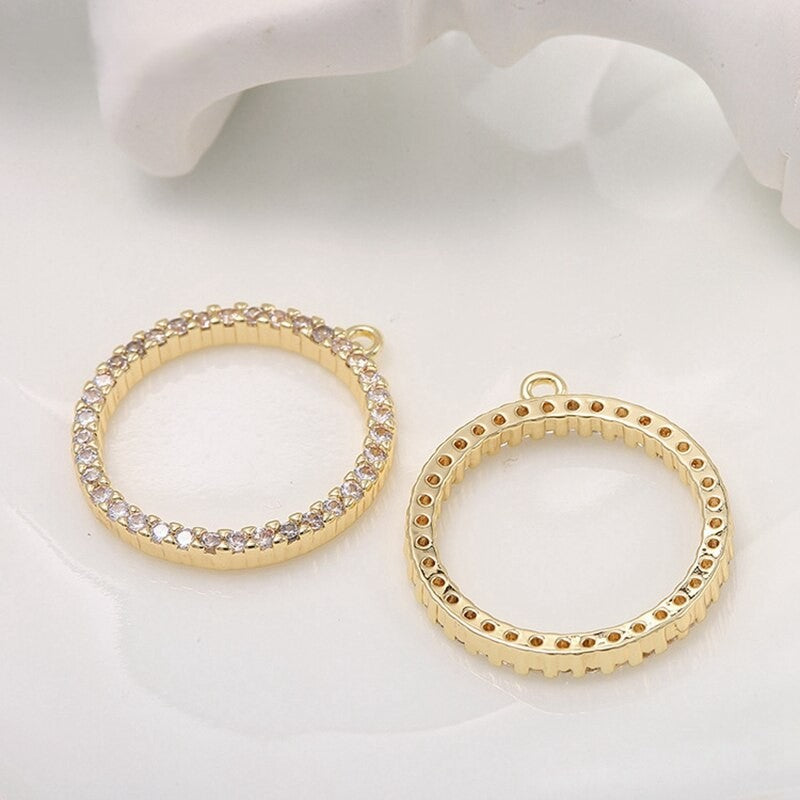 CZ Micro Pave Circle Charm Pendant Link Connector 14K Gold Plated 18*1.5mm ( 1,2,3 pcs)