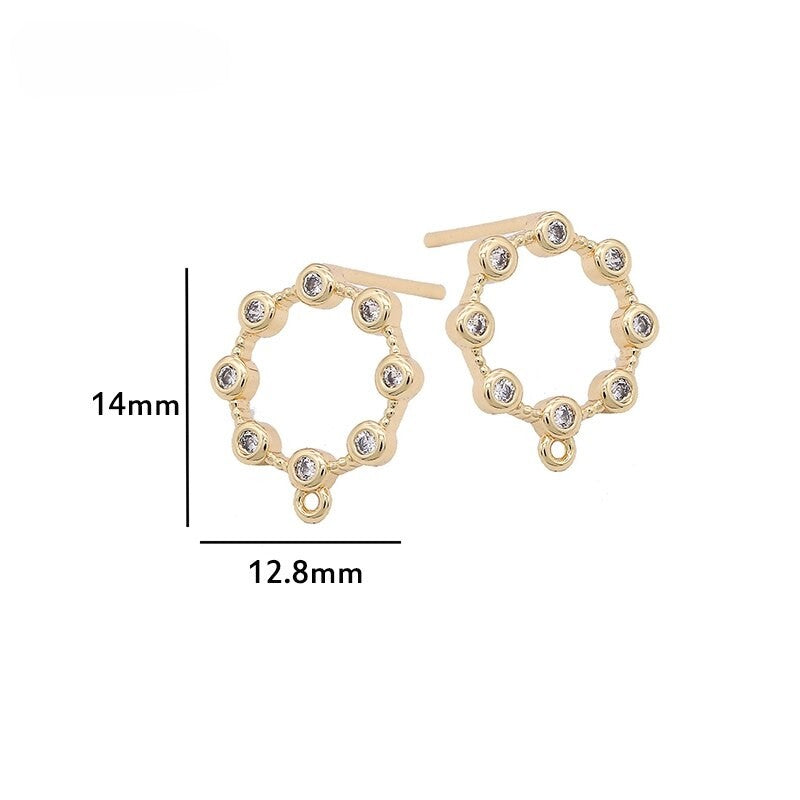Round Stud Post Earrings Findings With AAA Zirconia 14K Gold Plated (1 pair, 2 pairs)