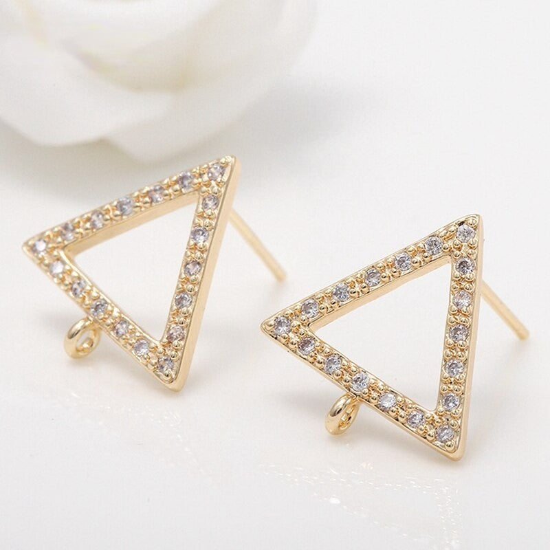 Triangle Stud Earrings Findings Connector AAA Zirconia 14k Gold Plated (1pair)