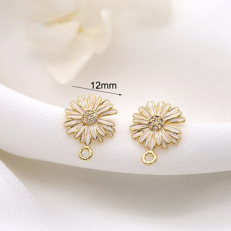 Stud Earrings Findings With Loop Enamel Flower 14K Gold Plated 12mm  (1pair, 2 pairs)