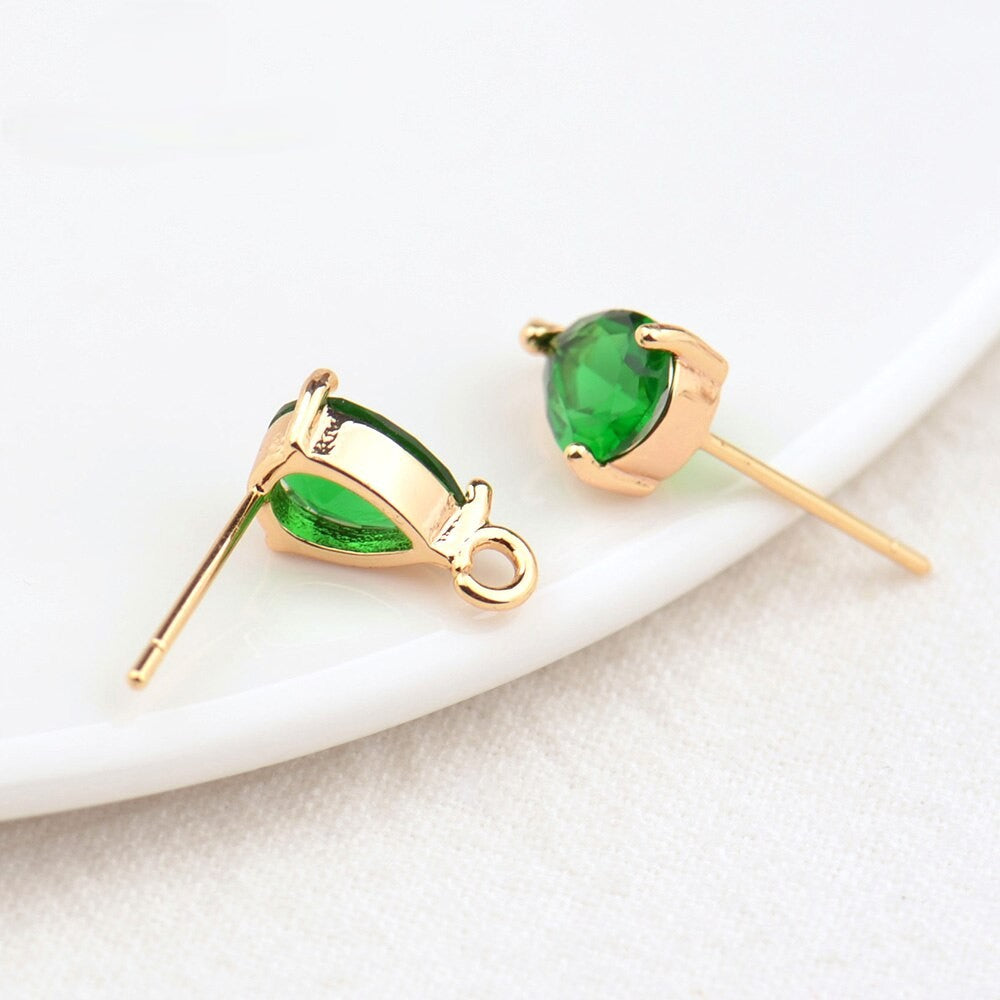 Stud Earrings Findings With Loop Green Zirconia 24K Gold Plated  6x9MM  (6pcs)