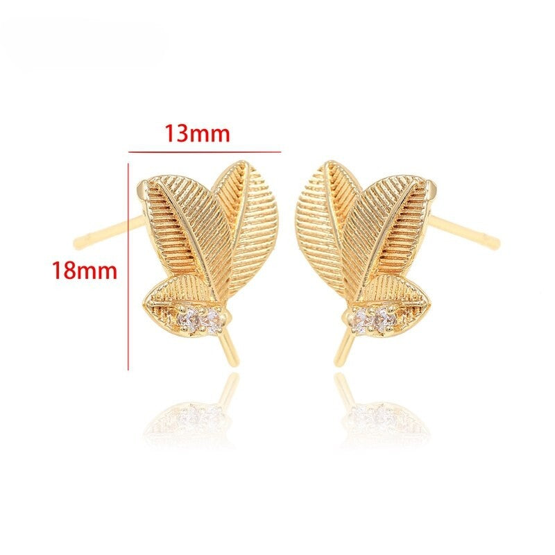 Leaf Leaves Stud Earrings Findings With AAA Zirconia 14K Gold Plated (1pair, 2 pairs)