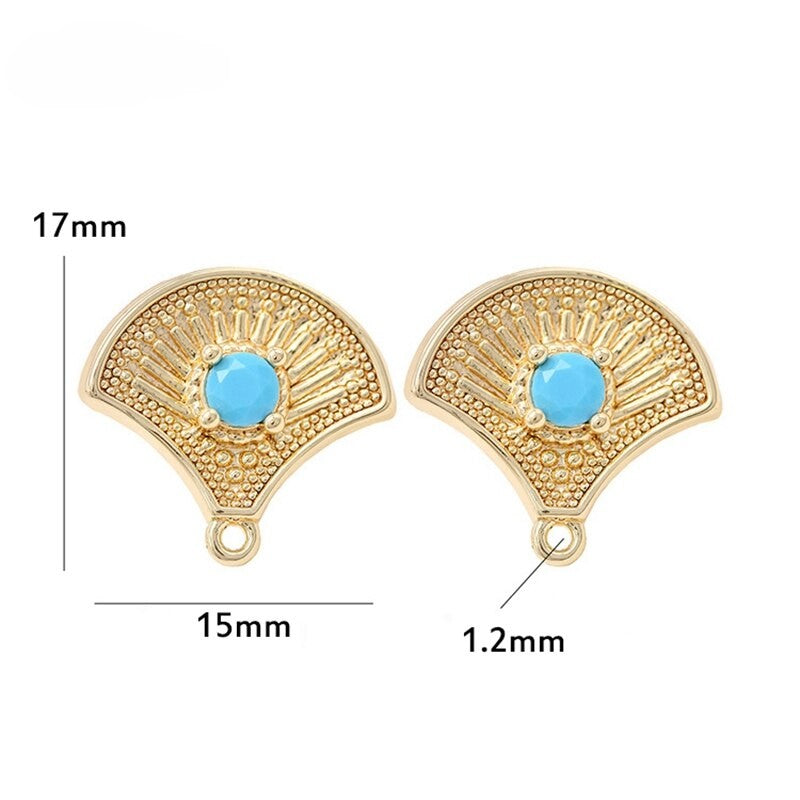 Stud Earrings Findings Fan-shaped With Turquoise Zirconia 14K Gold Plated  (1pair , 2 pairs )